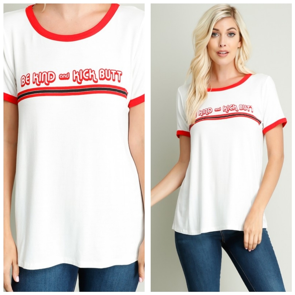 Be Kind and Kick Butt Red White Graphic Ringer Tee - Picture 2 of 2